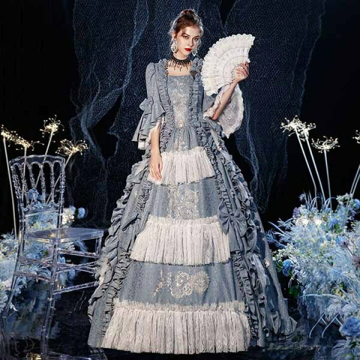 楽天市場 貴婦人 貴族 ドレス 中世ヨーロッパ お姫様 女王様ドレス ロングドレス カラードレス 豪華なドレス ステージ衣装 舞台衣装 王族服 プリンセスライン オペラ声楽 学園祭 文化祭 パーティー 演奏会 発表会 演劇 撮影 コスチューム パニエ追加可 ブルー