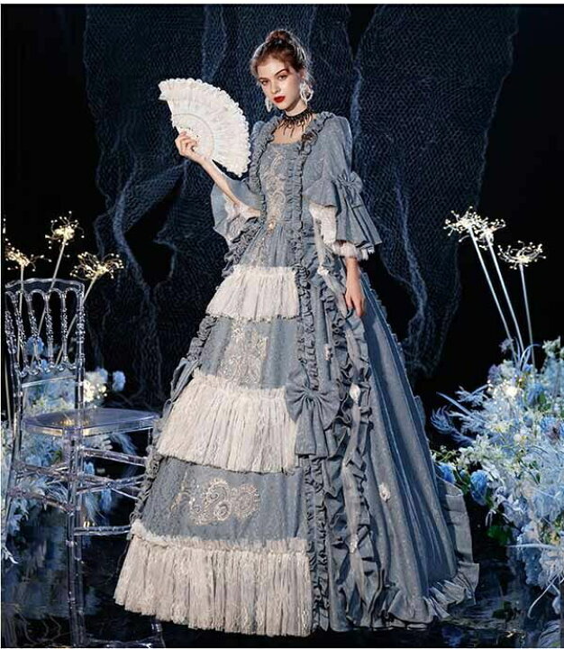 楽天市場 貴婦人 貴族 ドレス 中世ヨーロッパ お姫様 女王様ドレス ロングドレス カラードレス 豪華なドレス ステージ衣装 舞台衣装 王族服 プリンセスライン オペラ声楽 学園祭 文化祭 パーティー 演奏会 発表会 演劇 撮影 コスチューム パニエ追加可 ブルー