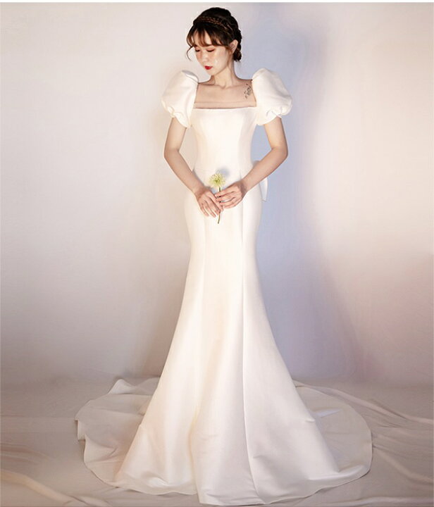 楽天市場】スクエアネック 後リボン ロングドレス トレーンドレス  