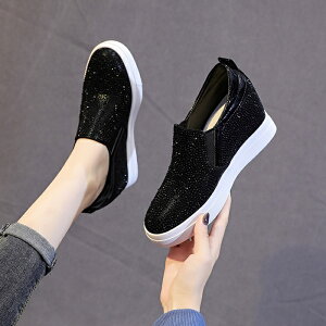 厚底スニーカー レディース キラキラ スリッポン インヒール 3.5cm ゴムソール PU素材 軽量 ローカット ローファー 小さいサイズ 大きいサイズ 22cm〜25cm ブラック シルバー di178x0x0m3