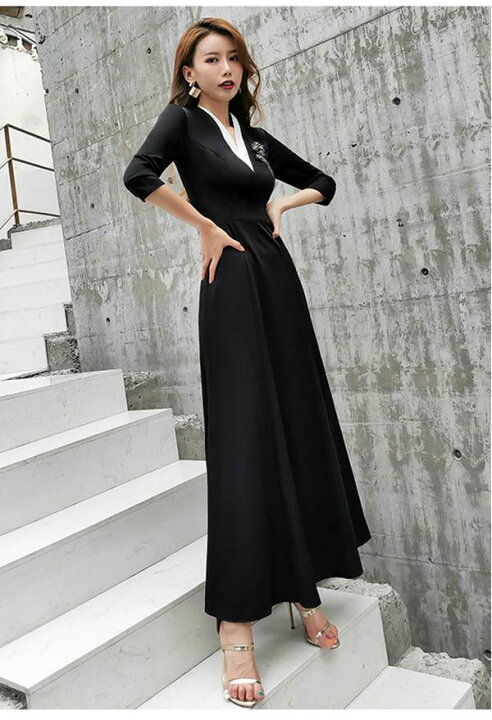 楽天市場】ロングドレス Vネック マキシ丈 結婚式 母親 ドレス  