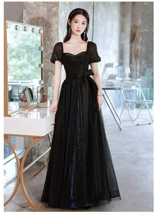 パーティードレス オフショルダー パフスリーブ ブラック 編み上げ 2次  