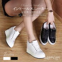 厚底スニーカー レディース インヒール 10cm ヒールアップ レースアップ PU 靴 白 黒 ホワイト ブラック シンプル 無地 カジュアル 美脚効果 脚長効果 小さいサイズ 21.5cm～25.0cm 大きいサイズ 歩きやすい ゴムソール di018x1x1x1
