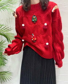 クリスマスセーター ニットセーター ダサセーター ふわふわ もこもこ レディース 可愛い ゆったり ドロップショルダー クリスマスコーデ 冬の楽しみ 冬のおしゃれ クリスマスパーティーウェア フェスティブセーター おでかけ eh098x1x1x1
