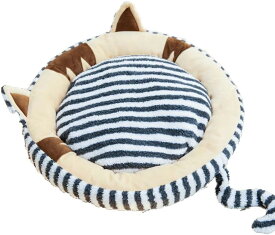 猫 ベッド ペットベッド 可愛い 耳付き しっぽ付き 猫クッション 円形 ストライプ ペットソファー 猫用 犬用ベッド 寝床 カバー 通年利用 柔軟快適 ペットクッション ぐっすり眠れる ダークグレー