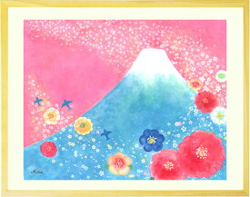 絵画 富士山「歓びの空へ」■Mプラスサイズ■ 玄関に飾る絵画 風水 和モダン インテリア ピンク 寝室 居間 暖色 日本画 和風 洋風 絵 リビング 花 風景画 水彩画 額付き 癒しの絵画 壁掛け 額入り 店舗 事務所 部屋 開店祝い プレゼント 縁起のいい絵 花の絵 明るい絵