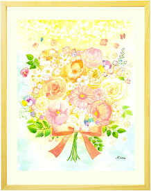 【新作】 絵画 インテリア 花束 「光 ～hikari～」 額入り バラ ピンク 花の絵 玄関 インテリア 風水 花 黄色 水彩画 玄関に飾る 絵 壁掛け アート 花 アートポスター おしゃれ スイートピー 階段 壁 額付き 小さい 大きい サイズ きれい 幸せ マーガレット ガーベラ