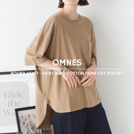 【限界値引き!在庫一掃セール開催中】【OMNES】綿麻カット ポケット付きラウンドヘム半袖Tシャツ レディース カットソー フリーサイズ トップス カジュアル Tシャツ HAPTIC ハプティック