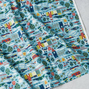 HIRVI シーチング生地 遠くの港 【50cm単位オーダーカット】 綿 ソーイング プリント柄 海 港 かわいい 原ウール