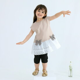 薄手SZ天竺 女の子 おしゃれ トップス レース 半袖 夏 夏服 綿100% リボン 子供服 カットソー キッズ 子供 こども 子ども ロングT 可愛い チュニック トレーナー ピンク ラベンダー 黄色 サックス ベージュ 90cm 100cm 110cm 120cm 130cm