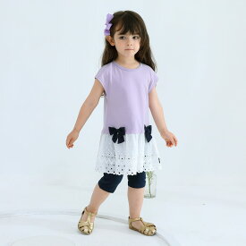薄手SZ天竺 女の子 おしゃれ トップス レース 半袖 夏 夏服 綿100% リボン 子供服 カットソー キッズ 子供 こども 子ども ロングT 可愛い チュニック トレーナー ピンク ラベンダー 黄色 サックス ベージュ 90cm 100cm 110cm 120cm 130cm