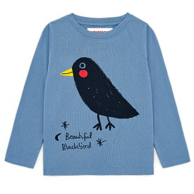 Nadadelazos（ナダデラゾス） オーガニックコットン キッズTシャツ(長袖) Little Black Bird | ロング Tシャツ 子供服 カットソー 綿 丸首 クルーネック ストレッチ デイリーウェア プリント服 カジュアル おしゃれ トップス 鳥 キャラクター プリント [M便 1/1]