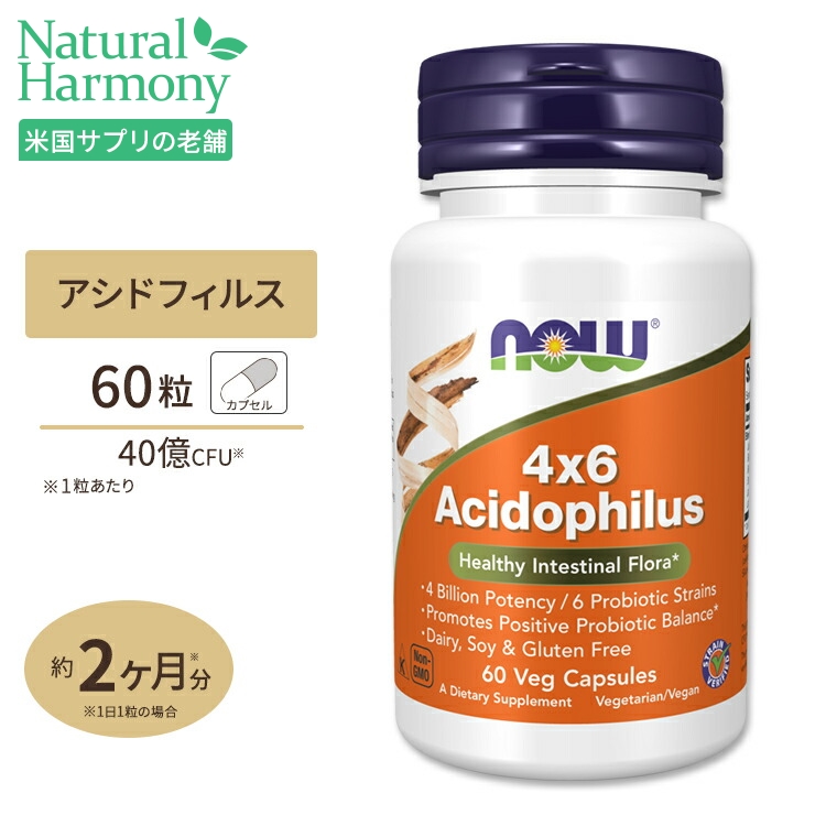 ナウフーズ 4×6 アシドフィルス ベジカプセル 60粒 NOW Foods Acidophilus 4x6 Veg Capsules 乳酸菌 ビフィズス菌