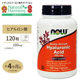 NOW Foods ヒアルロン酸 100mg 120粒 ベジカプセル ナウフーズ Hyaluronic Acid L-プロリン アルファリポ酸 α-リポ酸 ブドウ種子エキス ポリフェノール 植物性カプセル 健康サプリメント 栄養補助食品 海外 アメリカ