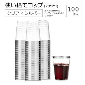 マンフィックス 使い捨てコップ クリア シルバー 295ml (10oz) 100個入り Munfix Silver Rimmed Plastic Cups クリアカップ クリアコップ プラスチックカップ シルバーリム 使い捨て プラコップ