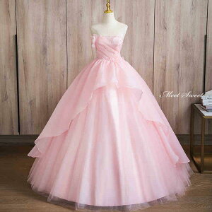 カラードレス ウェディングドレス ピンク ベアトップ オーガンジー ロングドレス 結婚式 二次会 演奏会 発表会 中高生 ステージドレス ウエディングドレス