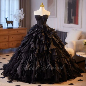 カラードレス ブラック オーガンジー フリル 演奏会 発表会 二次会 花嫁 ウエディング ゴージャス ウェディングドレス ロングドレス プリンセス コンサート