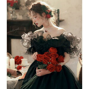 カラードレス プリンセス ブラック オフショルダー ボリューム オーガンジー ウェディングドレスドレス 演奏会 結婚式 二次会 演奏会 発表会 パーティードレス