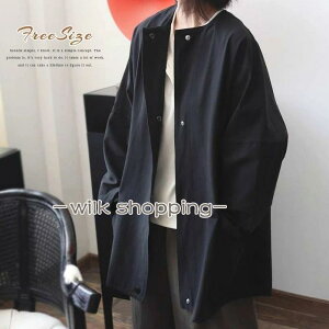 コート レディース 秋服 アウター 羽織り ノーカラージャケット ロング 長袖 ポケット 黒 ブラック スタップボタン 上品 高品質 ゆったり 大人ノーカラーコート