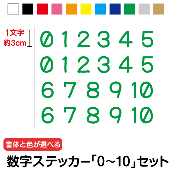 楽天市場】数字ステッカーセット 「0～10」1文字3cm【カラー11色】3M