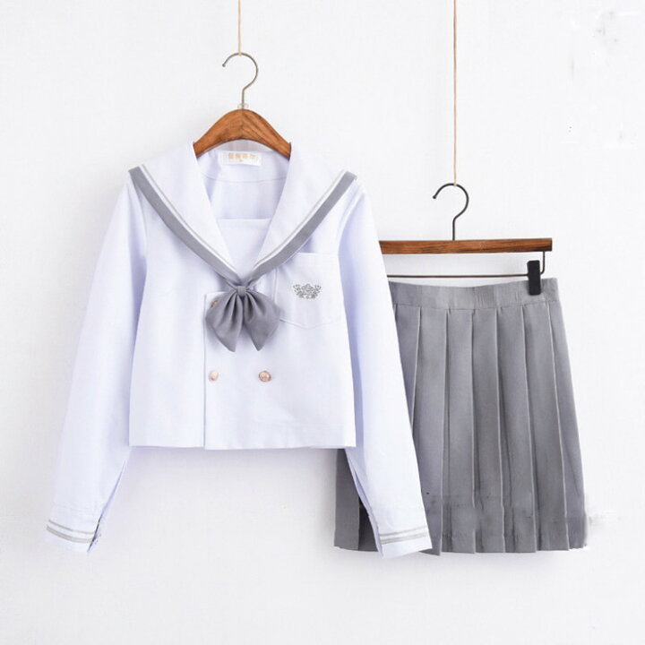 楽天市場 学生服 長袖白色上着 灰色スカート 上下セット セーラー服 女子制服 Jk制服 コスプレ 高校生 コスプレ可愛い レディース 衣装 Jk服 学園祭 大人 レディース クリスマス セーラー服 ハロウィン セクシー コスチューム衣装 Haru2 楽天市場店