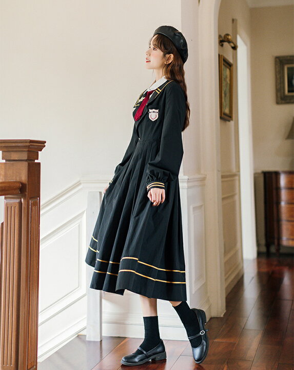 楽天市場 ワンピース レディース 女の子 ワンピ 制服 女子高生 学生 学生服 通学 長袖 秋冬 ワンピース ロング 無地 秋冬 春 ミモレ丈 黒 ロングワンピース Aライン 学園 可愛い Haru2 楽天市場店