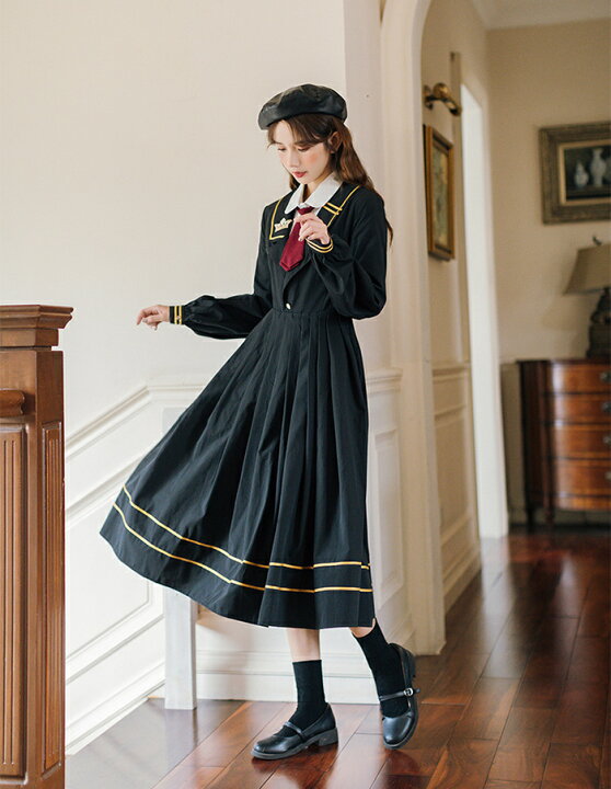 楽天市場 ワンピース レディース 女の子 ワンピ 制服 女子高生 学生 学生服 通学 長袖 秋冬 ワンピース ロング 無地 秋冬 春 ミモレ丈 黒 ロングワンピース Aライン 学園 可愛い Haru2 楽天市場店