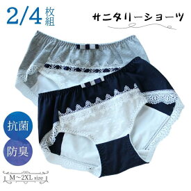 サニタリーショーツ 2/4枚セット 生理用ショーツ ハイウエスト 下着 ヒップアップ効果 パンツ 大きいサイズ 漏れ防止 昼夜用 消臭抗菌 肌に優しい スタンダード 綿混コットン快適パンティ 高通気性と伸縮性