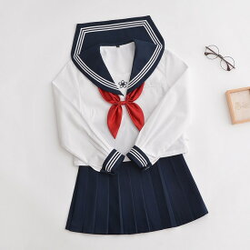 セーラー服 3点セットハロウィン 学生服 白色長袖 ネイビースカート 蝶結び 上下セット　女子制服　JK制服　コスプレ 高校生 コスプレ可愛い レディース 衣装 JK服 学園祭 大人 セクシー コスチューム衣装 Osaka Haru クリスマス プレゼント