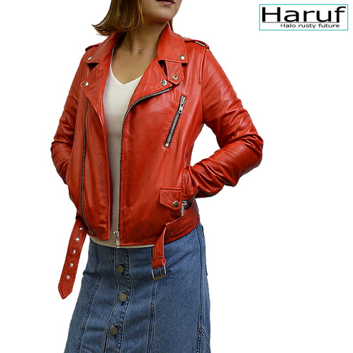 楽天市場 Haruf ラムレザー ダブルライダースジャケット レザージャケット レディース 革ジャン 本革 ダブル ライダース 革ジャケット 皮ジャン ロック バイク 大きいサイズ レディース アウター Tqp37red 春 本革レザージャケットのハルフ