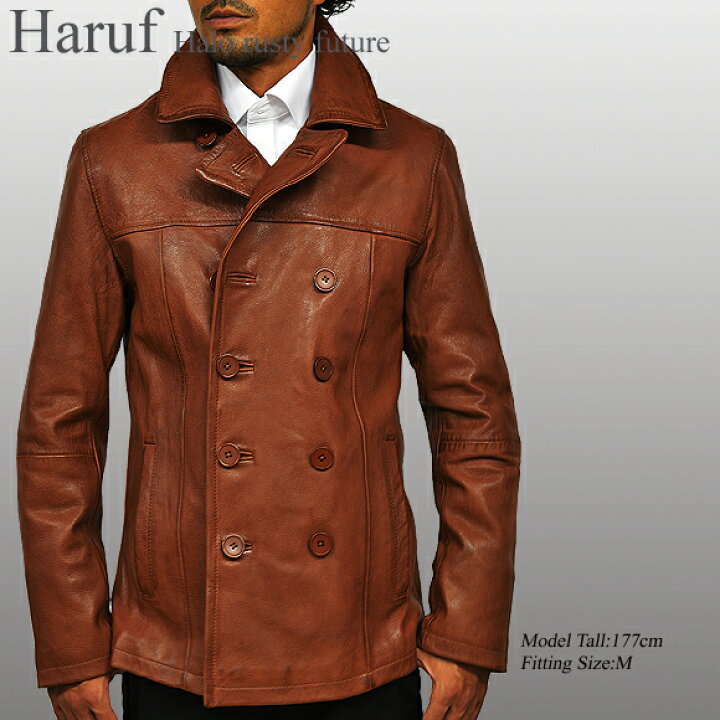 楽天市場】Haruf 本革ビンテージ加工 レザーピーコート メンズ レザー 