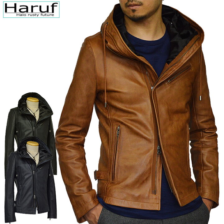 楽天市場 レザージャケット ライダースジャケット 革ジャン メンズ 本革 フード付き レザーパーカー シングルライダース メンズジャケット キャメル 秋 冬 Tqpusa132cam 本革レザージャケットのハルフ
