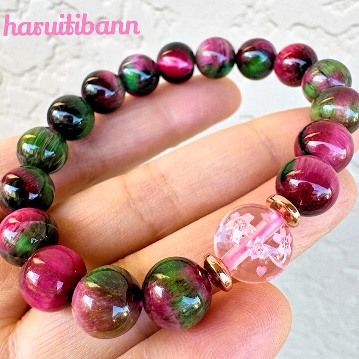楽天市場】桜掘り水晶12mm タイガーアイピンク＆グリーン10mm 天然石 