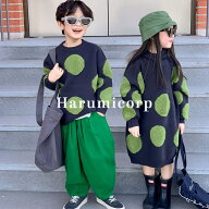 ニット セーター キッズ 兄妹 子供服 女の子 男の子 ドット柄トップス ワンピース長袖 洗える ラウンドネ…