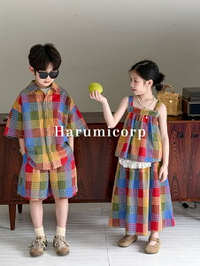 セットアップ キッズ 兄妹 服 上下セット ベビー服 チェック柄 男の子 女の子 スカートセット 半袖 シャツ 綿 ハーフパンツ 春 夏 子供服 ジュニア 赤ちゃん ダンス衣装 ヒップホップ おしゃ