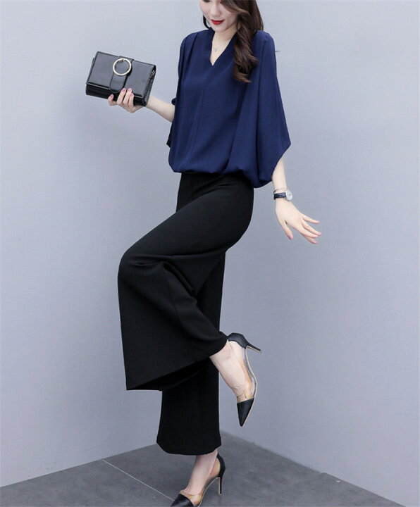 楽天市場 セットアップ レディース カジュアル 夏服 40代 半袖 ブラウス シャツ Vネック ガウチョパンツ シフォン 上下セット コーデ トップス ボトムス ハイウエスト 大きいサイズ おしゃれ 韓国風 通勤 Ol 大人 上品 着痩せ 新品 Harumicorp楽天市場店
