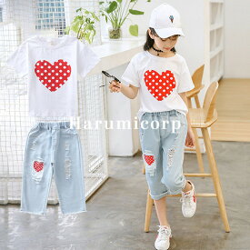 韓国子供服 セットアップ キッズ 子供服 女の子 夏服 tシャツ 半袖 デニムパンツ 七分丈パンツ ズボン パンツセット トップス ボトムス こども服 ジュニア ベビー服 中学生 おしゃれ 可愛い 薄手 涼しい お出かけ 通学 通園 新品 160cm 150cm 140cm 130cm 120cm 110cm