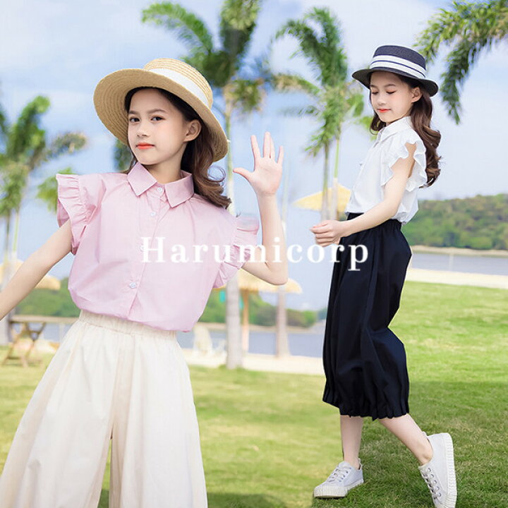 楽天市場 子供服 女の子 夏服 セットアップ キッズ Tシャツ ブラウス シャツ 半袖 ガウチョパンツ ズボン 七分丈パンツ 韓国子供服 パンツセット トップス ボトムス こども服 ジュニア ベビー服 中学生 おしゃれ 可愛い 薄手 涼しい 新品 160cm 150cm 140cm 130cm 1cm