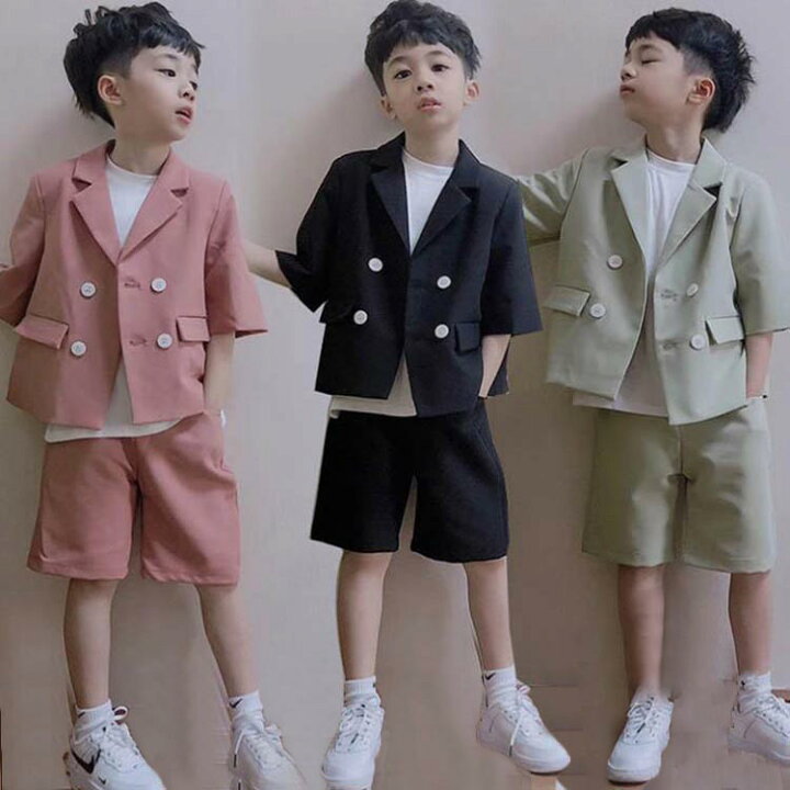 楽天市場 子供スーツ フォーマル 男の子 子供服 セットアップ キッズ おしゃれ 五分袖 春夏 2点セット アウター 立ち襟 入学式 卒業式 可愛い 通学着 Harumicorp楽天市場店