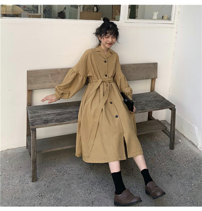 楽天市場 送料無料 トレンチコート レディース 秋 ロングコート ロングワンピ 長袖 パフスリーブ コート 春 ワンピース マキシ丈 レトロ アウター ロング 秋コート 通勤 長袖ワンピース おしゃれ Harusakura楽天市場店