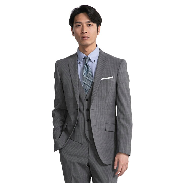 楽天市場 目玉商品 値下げしました スーツ セレモニー 結婚式 ブライダルメンズ 3p スリーピース ベスト付 背抜き ノータック グレー ストライプ Respectnero ナチュラルスリム ２wayストレッチ スーツ セレモニー 結婚式 ブライダル紳士服 送料無料 はるやま 紳士