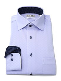 ビジネスウェア専門店 メンズ長袖Yシャツ ワイド アイシャツ ジャガードシリーズ 市松模様調 セミワイド ブルー 通年 S80 M78 M82 L80 L84 LL82 LL86 3L86 4L86 5L88 はるやま