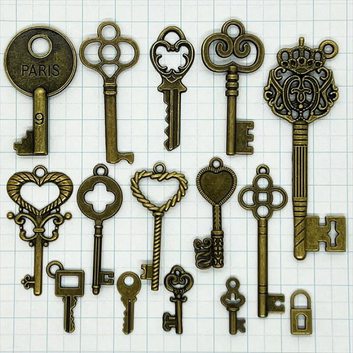 楽天市場】チャーム 鍵 キー カギ 15種セット アンティークゴールド 