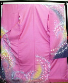 正絹振袖　おぼろ染め　ふりおぼろ　滝泰　絞り　柄八掛付　日本製　ピンク　国産生地　未仕立て　送料無料