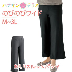 おしりスルッとのびのびワイドパンツ M L LL 3L 日本製 シニアファッション レディース 婦人 用 80代 高齢者 服 大きいサイズ 滑りやすい 引き上げやすい 片麻痺 片マヒ のびる ウエストゴム リラックスパンツ 介護ズボン 女性 70代 90代