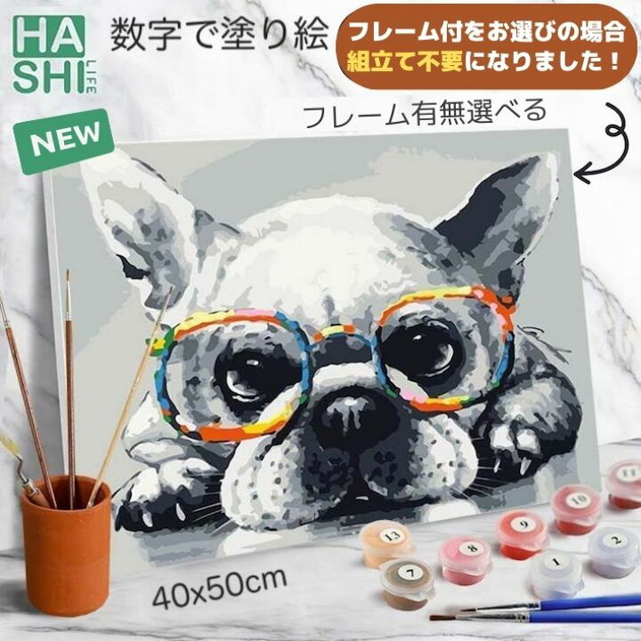 楽天市場 再販 大人の塗り絵 絵画 数字油絵 数字塗り絵 フレンチ ブルドッグ フレーム有無 1000円 選べる 40x50cm 簡単 油絵塗り絵 油絵セット アクリル絵具 塗り絵キット ナンバーペイント インテリア 犬 フレンチブル サングラス パズル絵 ぬりえ Diy油絵 壁掛け