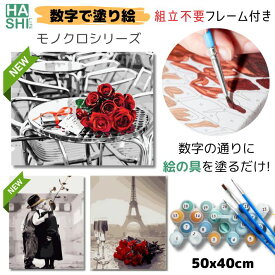 父の日 敬老の日 花 薔薇 数字油絵 バラ 塗り絵セット アクリル絵具 数字塗り絵 白黒 モノクロ 風景 花束 エッフェル塔 ローズ フレーム付 50x40cm ペイントナンバー 大人の塗り絵 diy油絵 アートパネル 油絵塗り絵 フランス インテリア 絵画 アートパネル 世界 暇つぶし