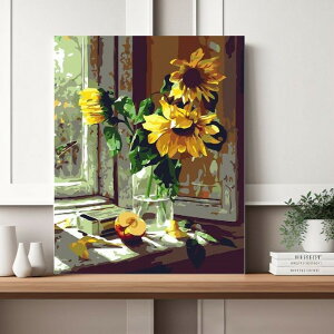 再再販 数字油絵 塗り絵 アクリル絵の具 大人の塗り絵 油絵 創る絵画 数字塗り絵 向日葵 ピンクのお花 一輪挿し フレーム付 50x40cm クリスマス プレゼント 花 アートパネル 壁 塗り絵セット