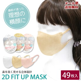 【新商品】【メール便送料無料】ZA155　2D　Fit up　マスク　49枚入り　[NE] 立体マスク　小顔　キレイマスク　不織布　血色マスク　使い捨て　レディース　メンズ　ベージュ　ピンク　ホワイト