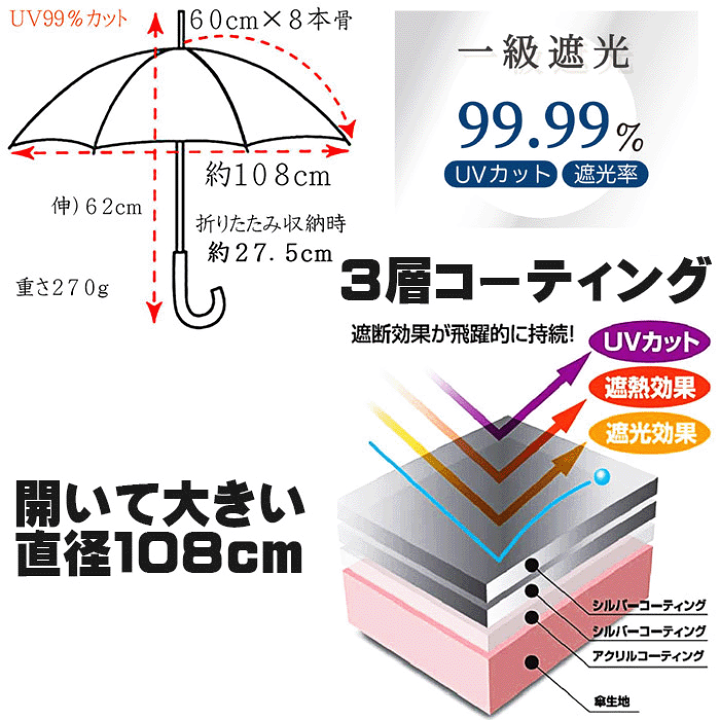 雨晴兼用傘 100％ 完全遮光 60cm 涼感 uvカット 軽量 1級遮光 KIZAWA 晴雨兼用 長傘 日傘 完全遮光 雨傘 UVカット 100%遮光